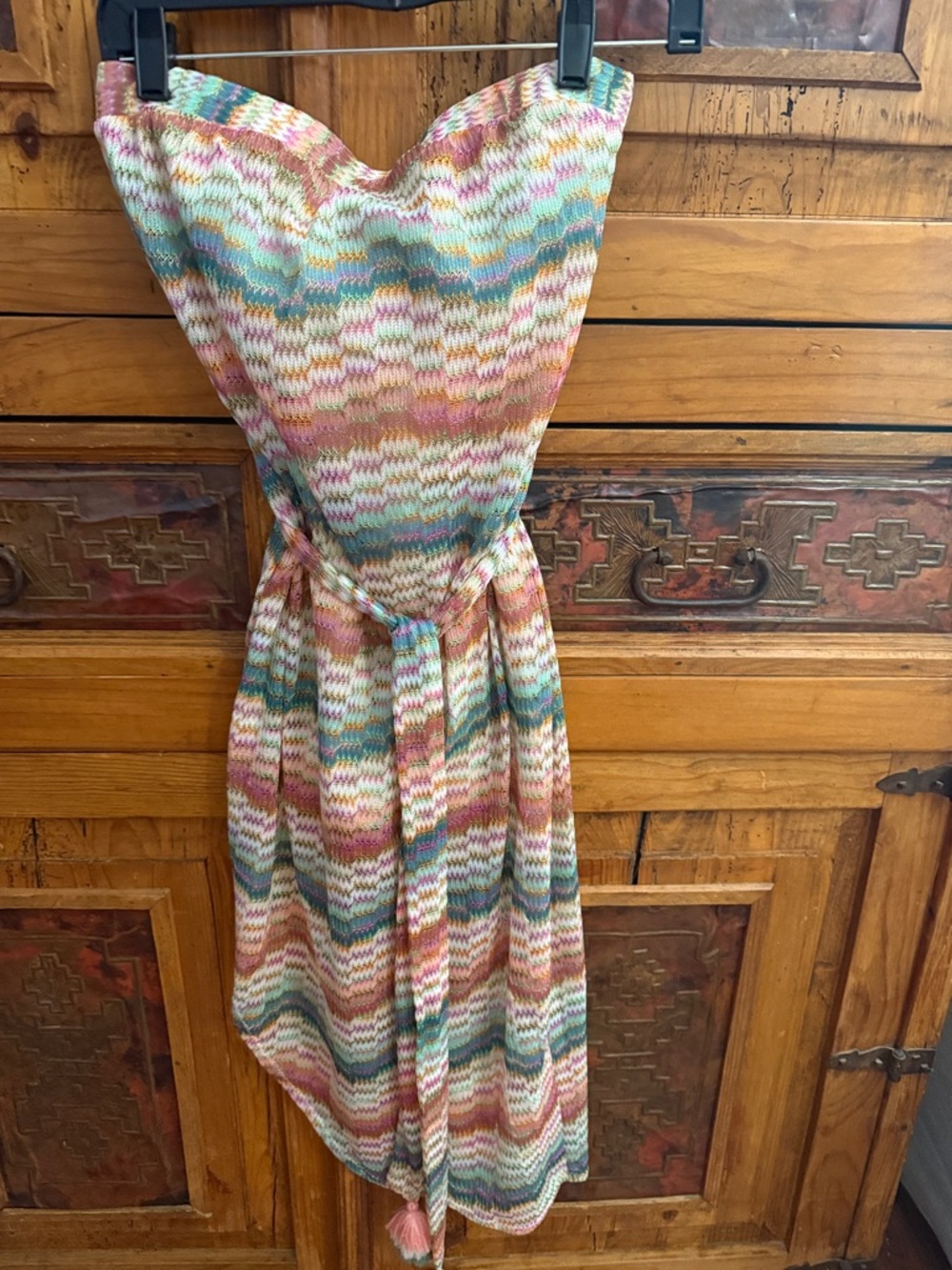 Trina Turk Multicolor Pastel Strapless Knit Dress with Belt and Tassel detail.
